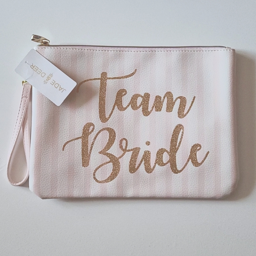 NWT Team Bride clutch, pink and white stripes